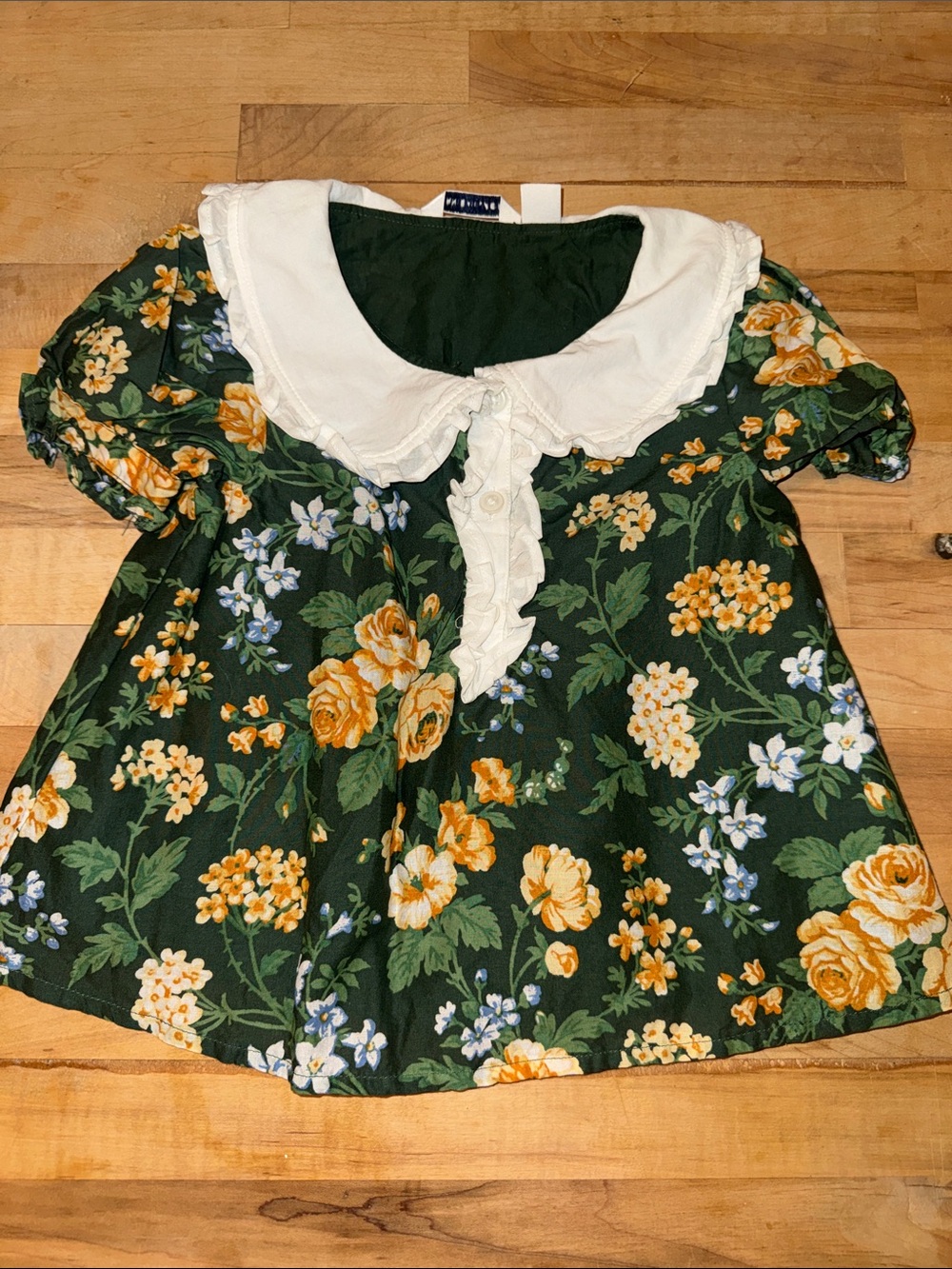 Janie and Jack Green Floral Puff-Sleeve Top with White Peter Pan Collar